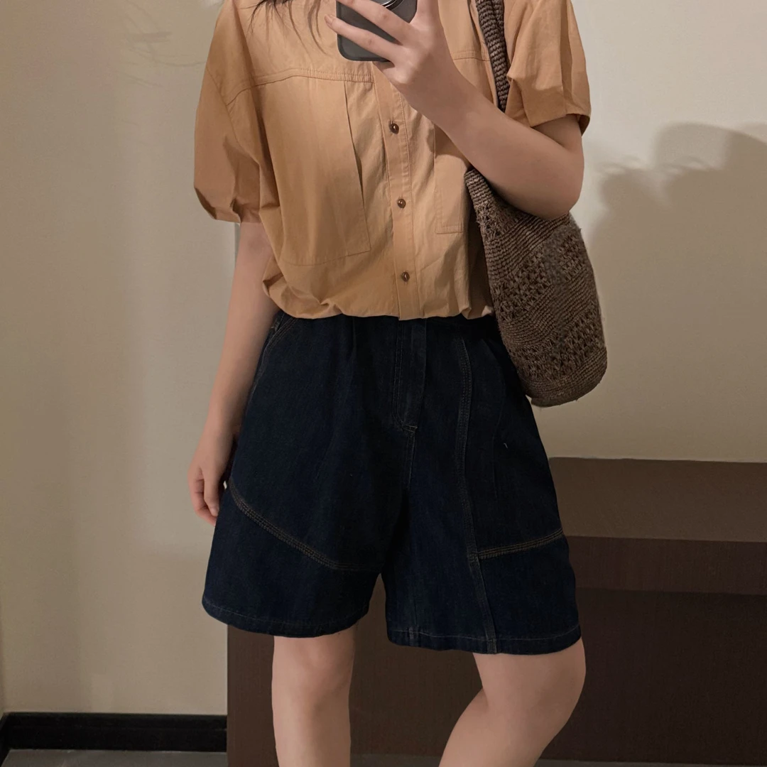 韩系高级气质时尚舒适简约明线设计感休闲牛仔短裤-M25201374
