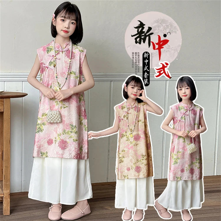 女童国风套装2025新款儿童汉服两件套裙夏季中大童旗袍裙阔腿裤子