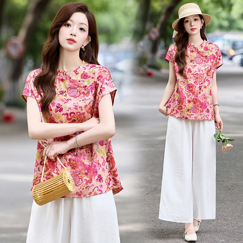 新中式国风盘扣两件套女2025年夏季新款减龄穿搭一整套阔腿裤套装