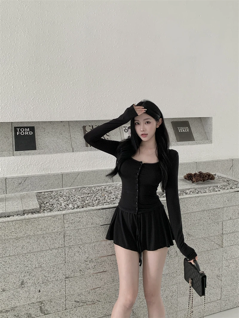 复古U领长袖修身打底开衫上衣半身裤裙套装高级感女装