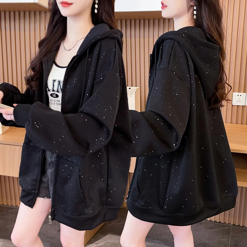 大码胖mm亮闪闪拉链薄款卫衣女春秋季新款韩版宽松百搭满天星外套
