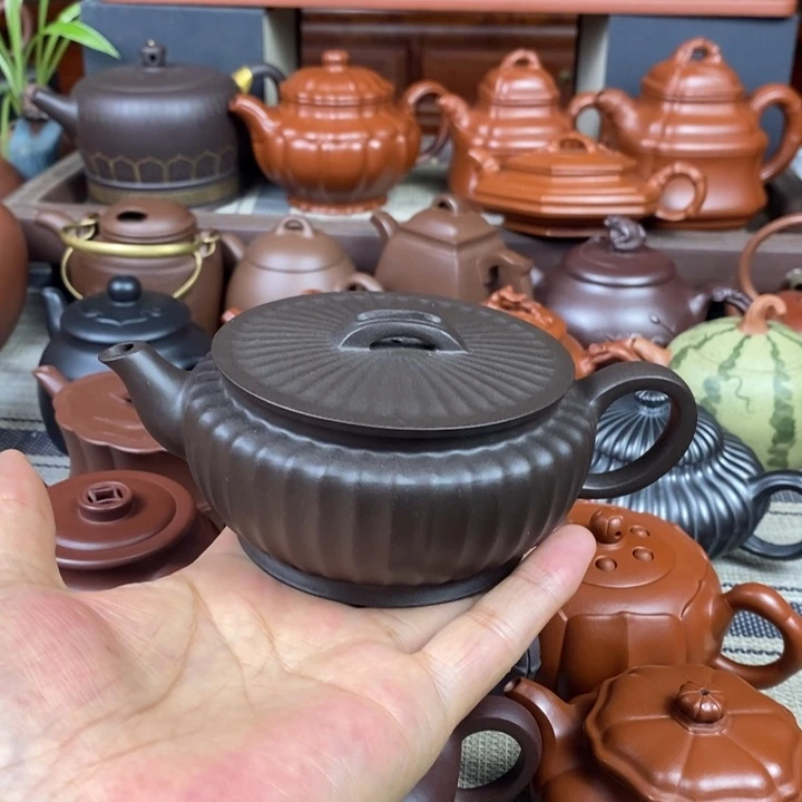 紫砂茶壶筋纹汉瓦260cc原生矿黑料特价