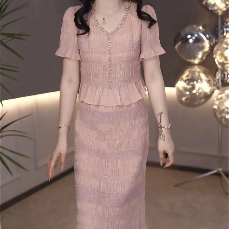 优雅气质假两件短袖连衣裙女2025夏季修身显瘦中长款拼接a字裙子