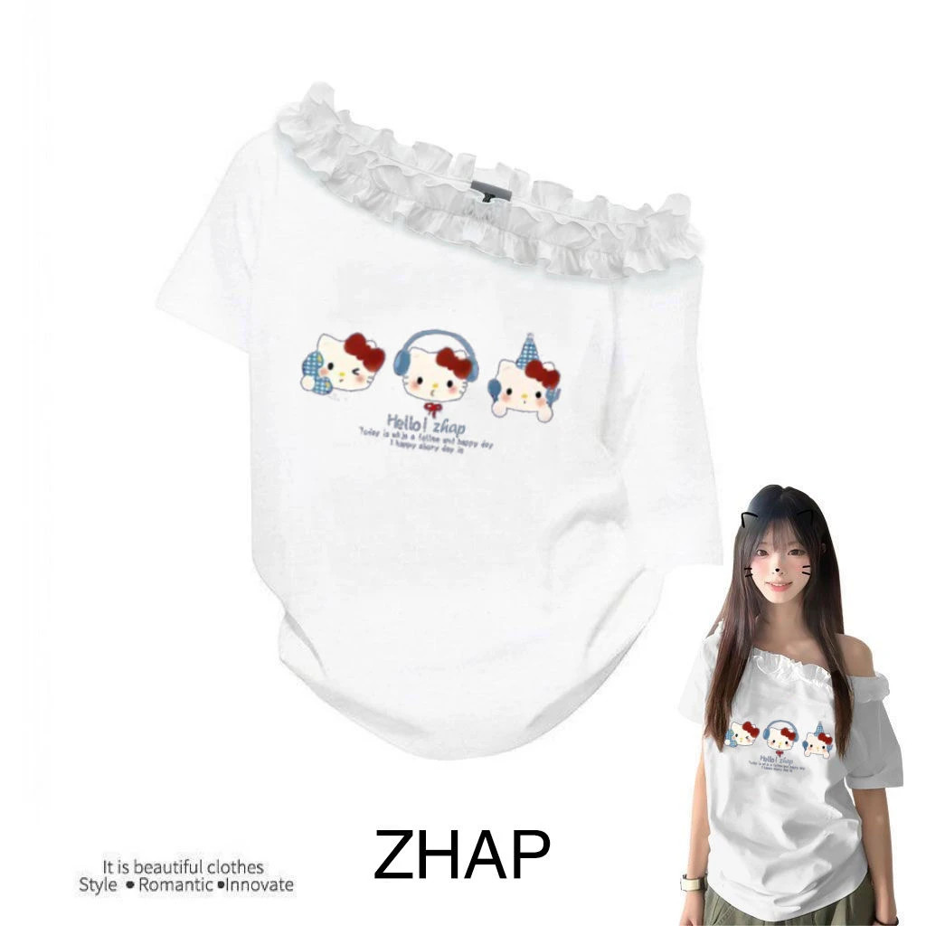 【ZHAP】新款花边领口辣妹斜肩宽松短袖t恤女爆款可爱印花百搭上衣