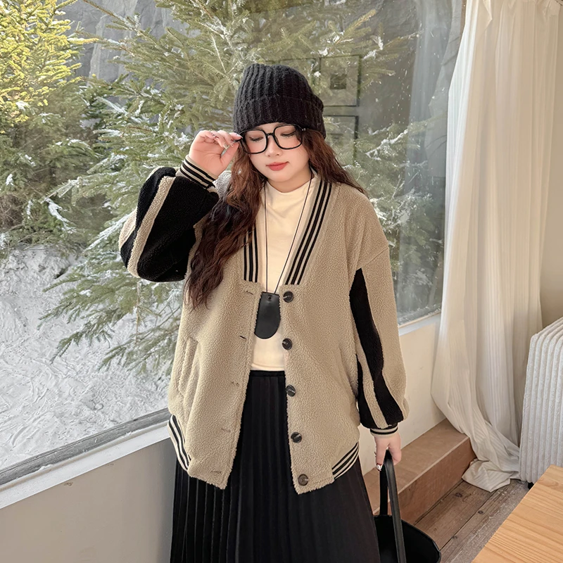 BD4050大码女装【麦多可软妹】学院风字母刺绣早春季慵懒羊羔绒外套