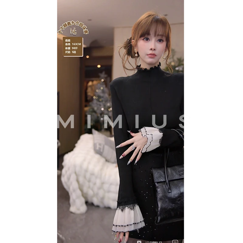 【mimius】喵喵 蕾丝木耳边半高领针织头套毛衣 汉服 WG12069