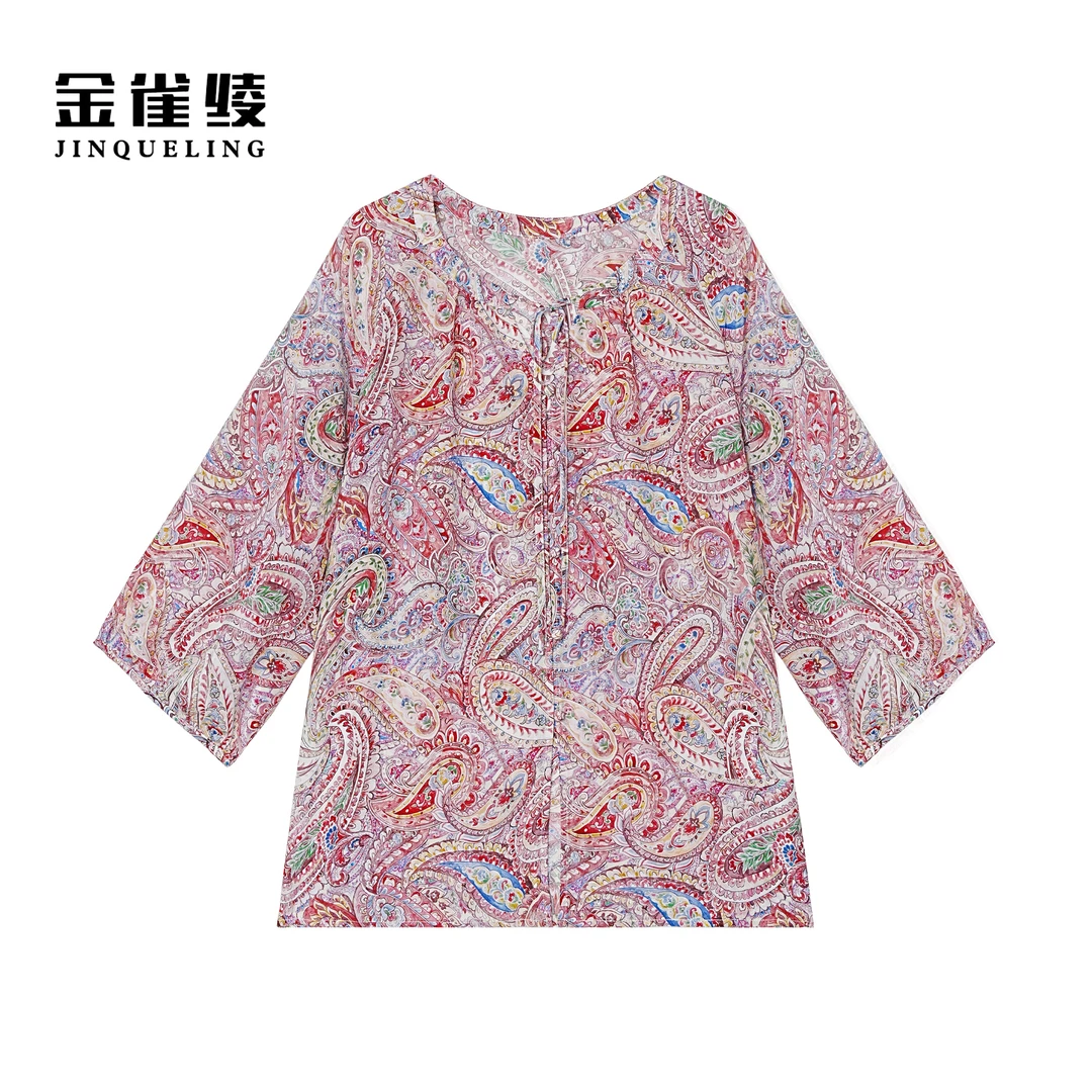 金雀绫【腰果精灵】100桑蚕丝腰果花碎花加宽加大小衫SZA2S304