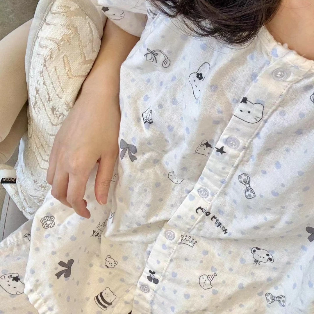 夏季新品~小洋人圆领短袖长裤睡衣100棉双层纱布家居服套装