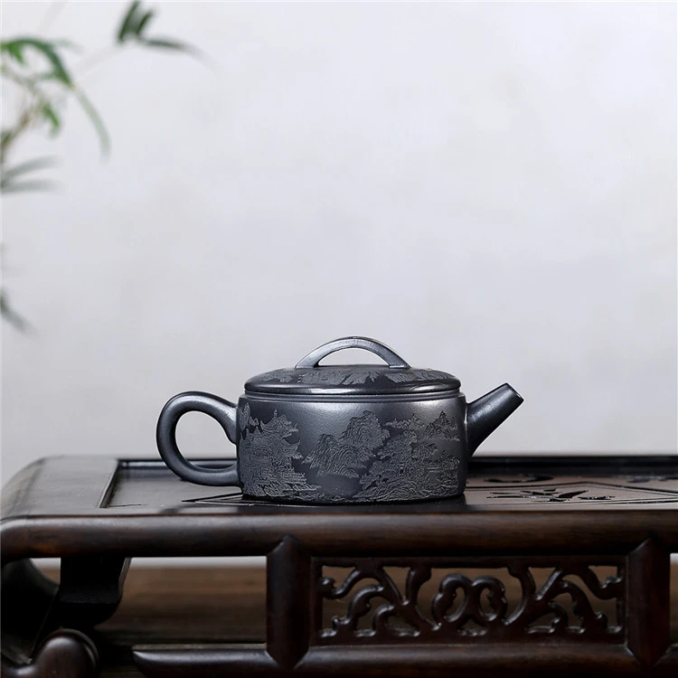 宜兴手工紫砂壶原矿石黄手工刻绘山水汉瓦功夫泡茶壶茶具套装