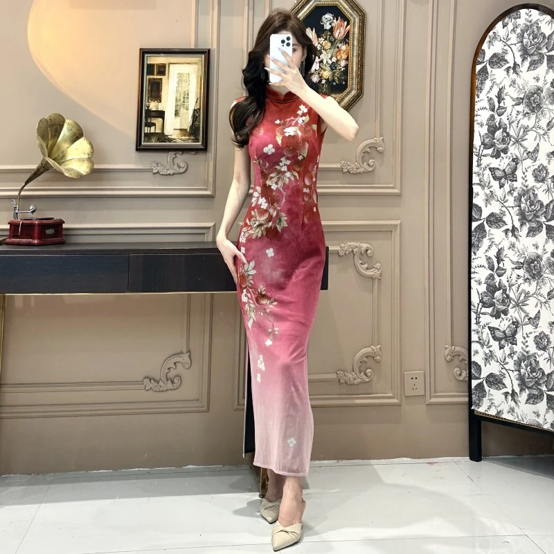 气质女人味轻奢立领无袖定位花锦绣云裳显瘦性感包身开衩连衣裙