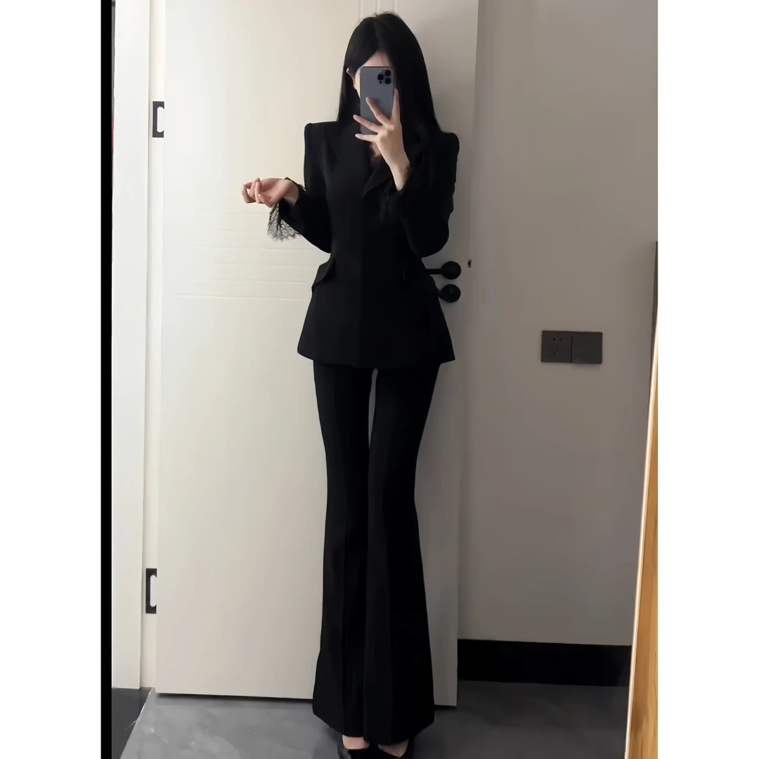 黑色系时尚蕾丝拼接西装套装女高端定制设计感气质名媛新款西服