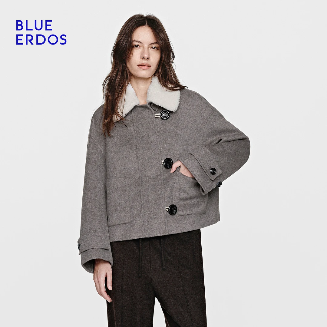 BLUE ERODS 25秋冬新品流光风短款羊毛女外套可拆卸毛领B256J0701