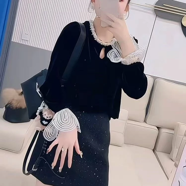 欧货时尚气质重工钉珠金丝绒长袖T恤女圆领花瓣袖洋气百搭打底衫