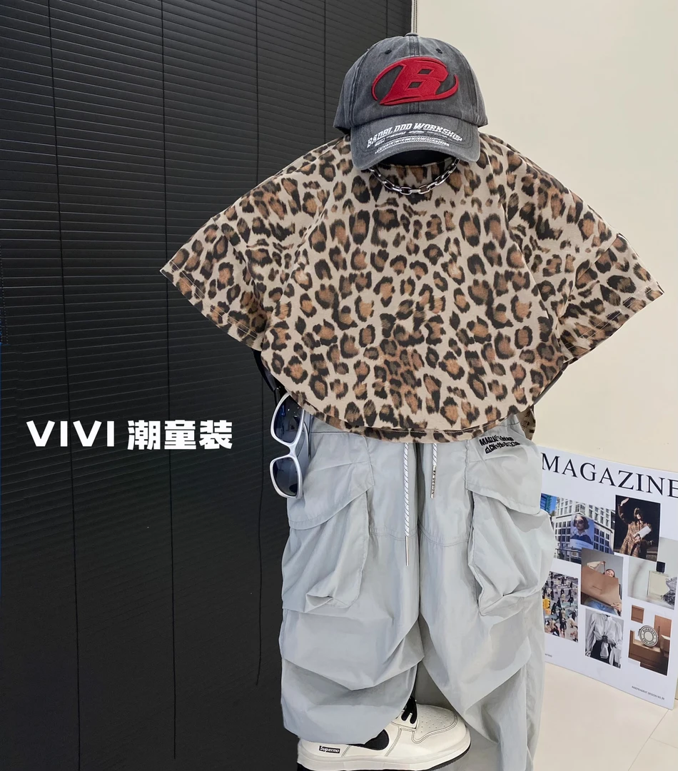 VIVI童装 2025夏季潮牌中大童奶咖色斑纹宽松薄短袖T恤