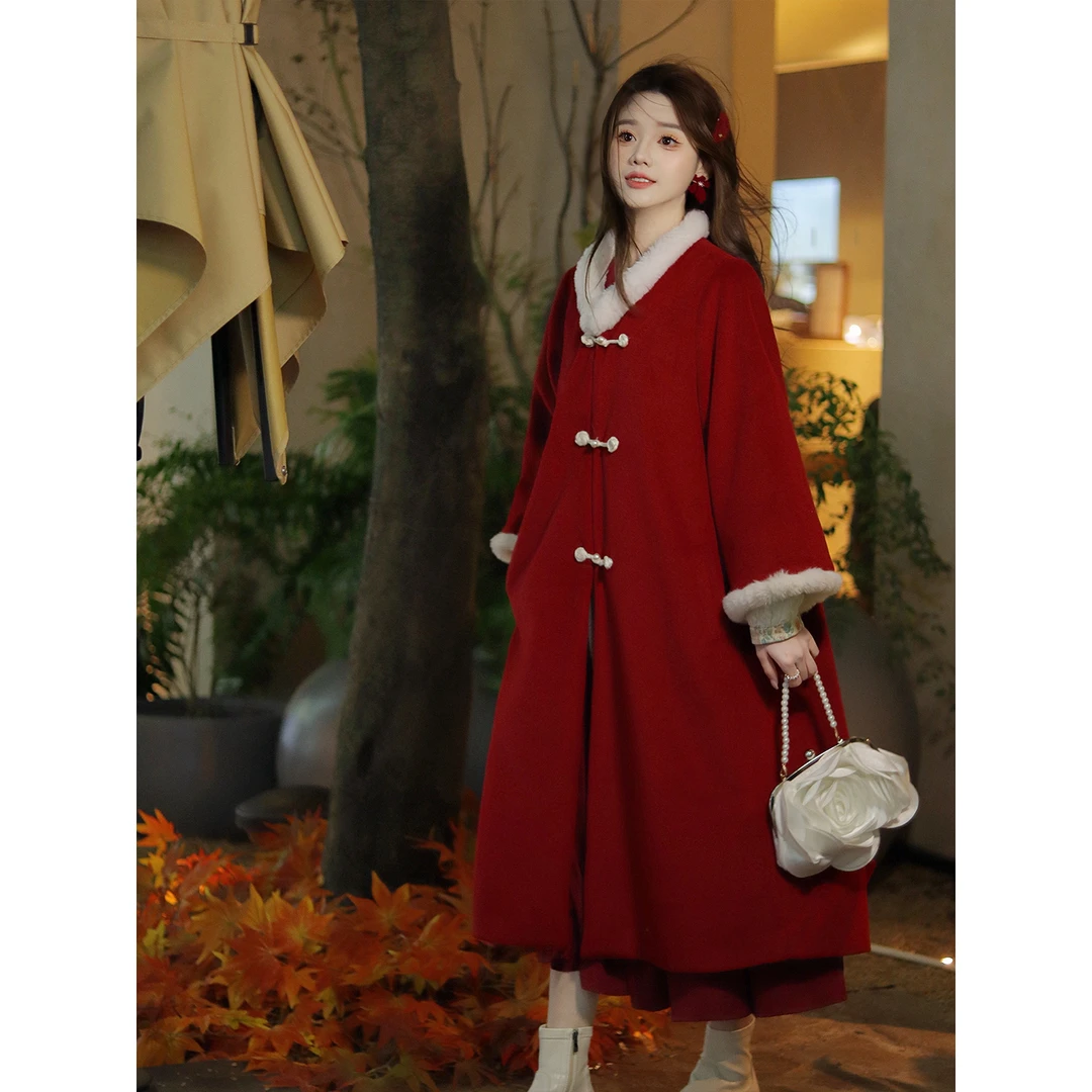 瑶栖【冬日玫瑰】2025冬装改良国风大显瘦气质红色中长款加厚