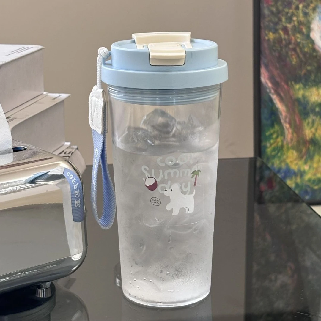 夏日椰树吸管杯大容量双饮口水杯学生便携塑料运动喝水杯果汁杯TJ