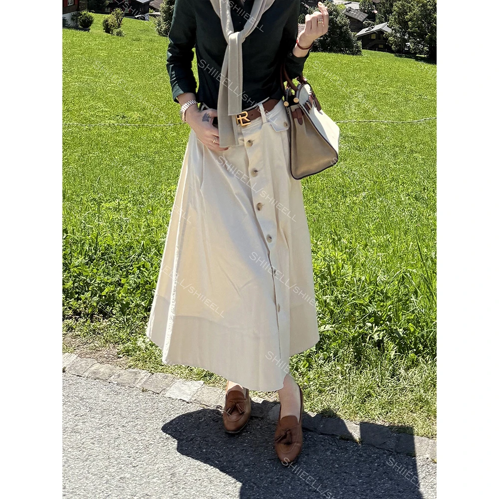 SHIIEELL【巴黎漫步】老钱风高密斜纹棉前排扣轻度打磨半身裙W228C