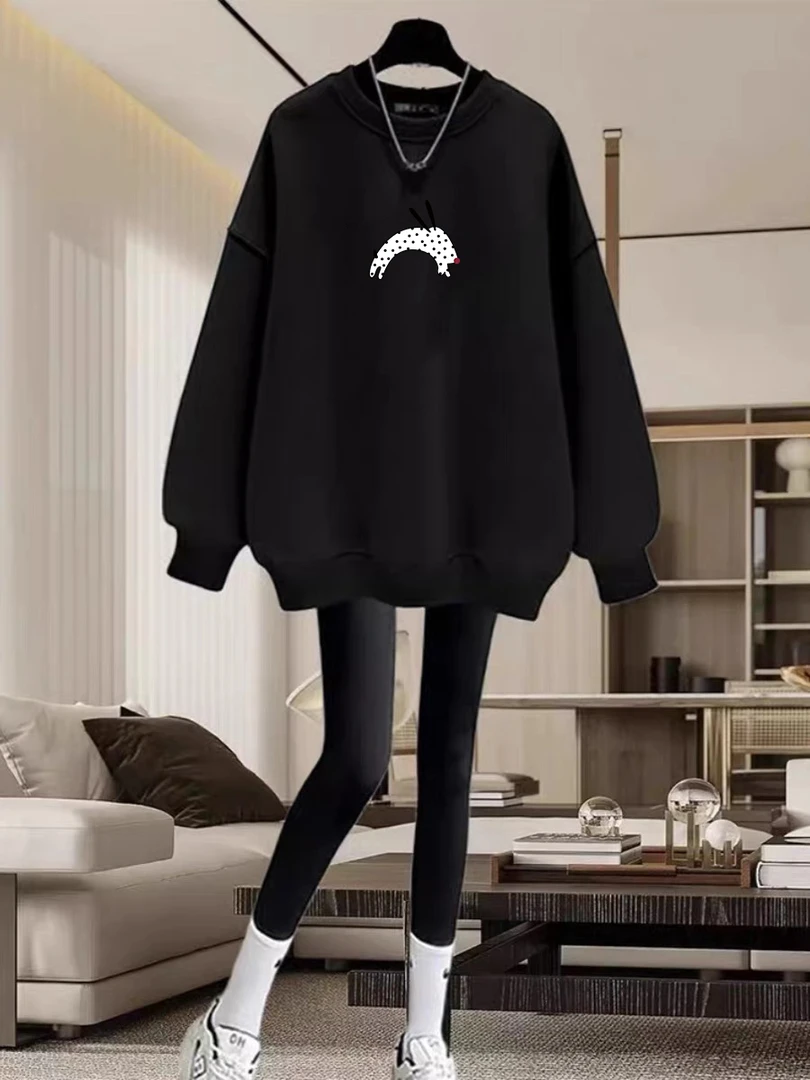 配鲨鱼裤的长款卫衣女秋冬加薄绒百搭宽松内搭洋气显瘦遮屁股上衣