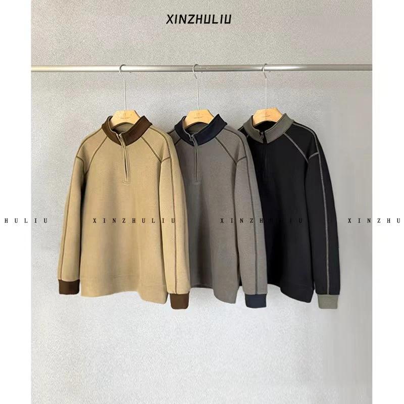 【冬季绵羊毛加绒加厚明线拼色半拉链立领卫衣】立领卫衣87312