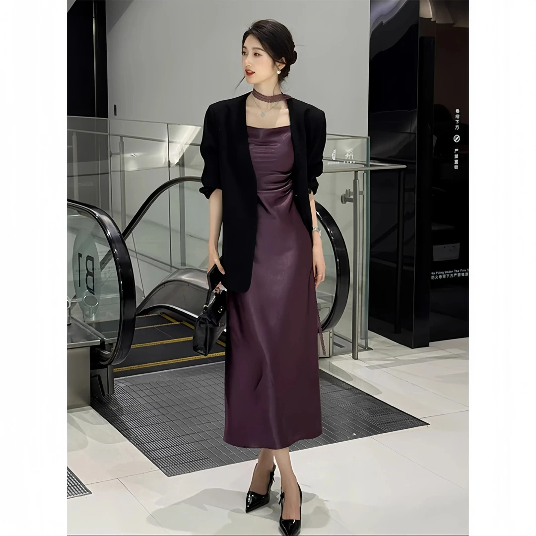 春季显瘦百搭长款吊带连衣裙休闲西装外套女时尚显气质显瘦两件套