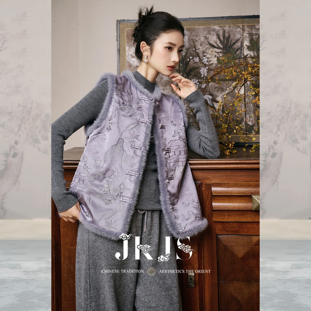 JKJS 水貂毛 国风新中式棉马甲外穿冬季夹棉外套对襟上衣刺绣马夹