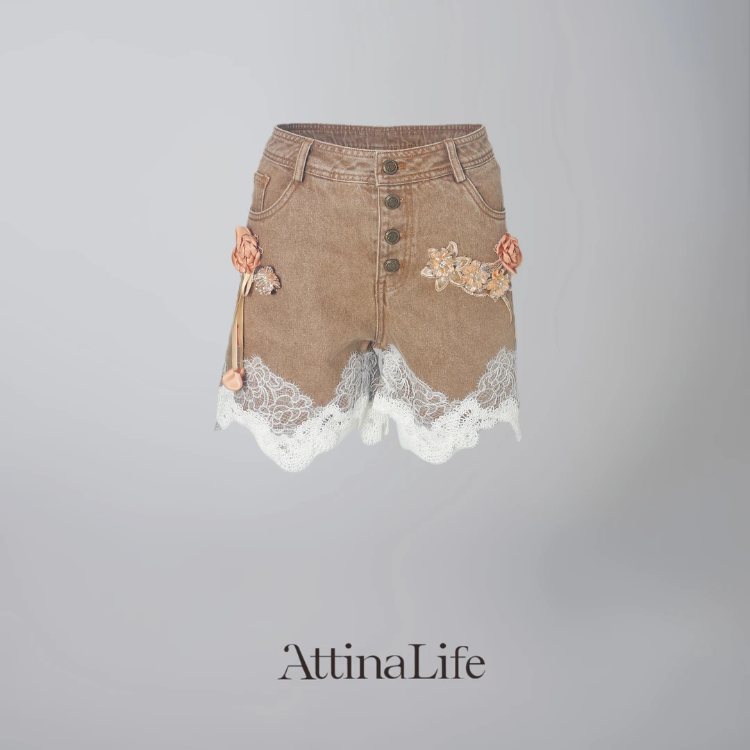 AttinaLife25春夏沙丘黄花边拼接重工钉珠高腰波西风显瘦牛仔短裤