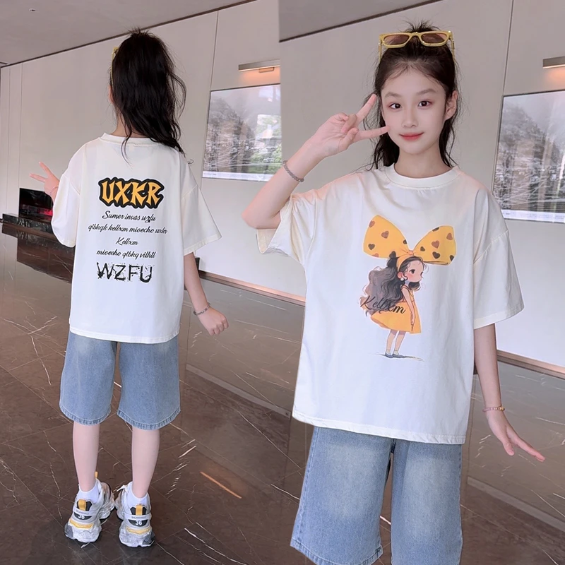 女童夏装套装2025新款儿童宽松短袖T恤中大童牛仔五分裤夏季两件
