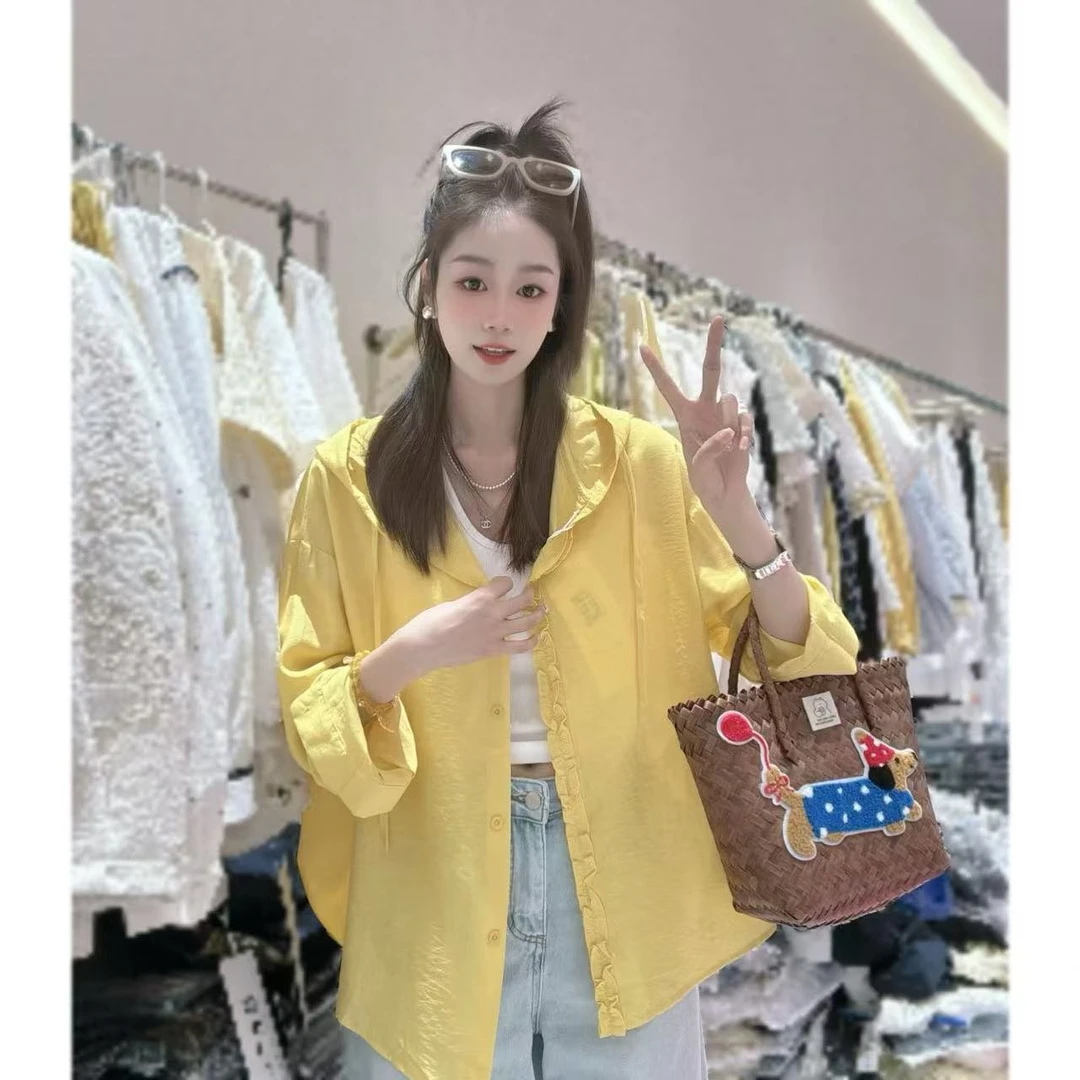 【三懿服饰】夏季新款连帽长袖宽松显瘦百搭薄款中长款衬衣-816