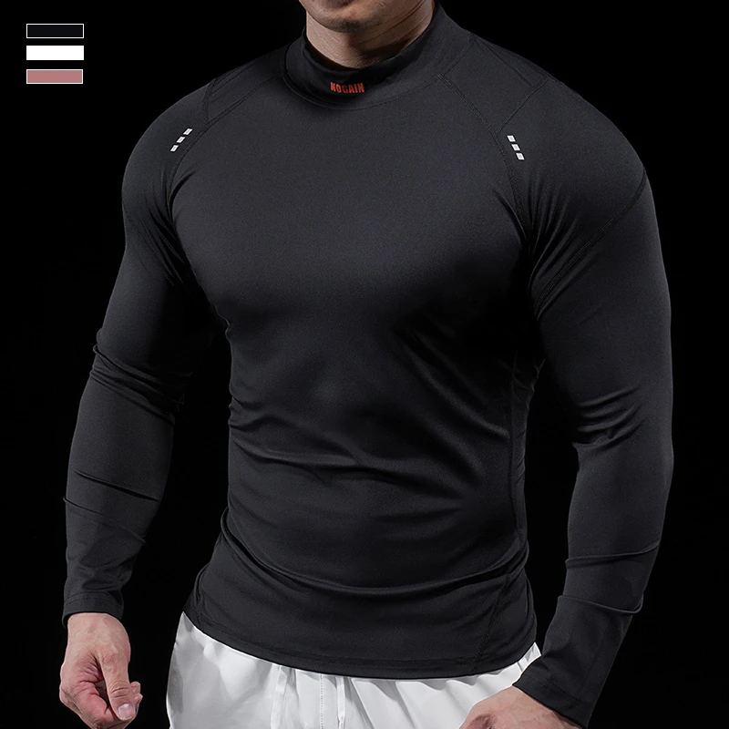 霸道肌肉男士高领秋冬新款长袖健身透气弹力运动速干紧身衣健身衣