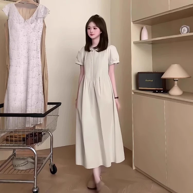 黔允法式气质百褶短袖连衣裙女夏季胖mm显瘦独特减龄好看中长裙子