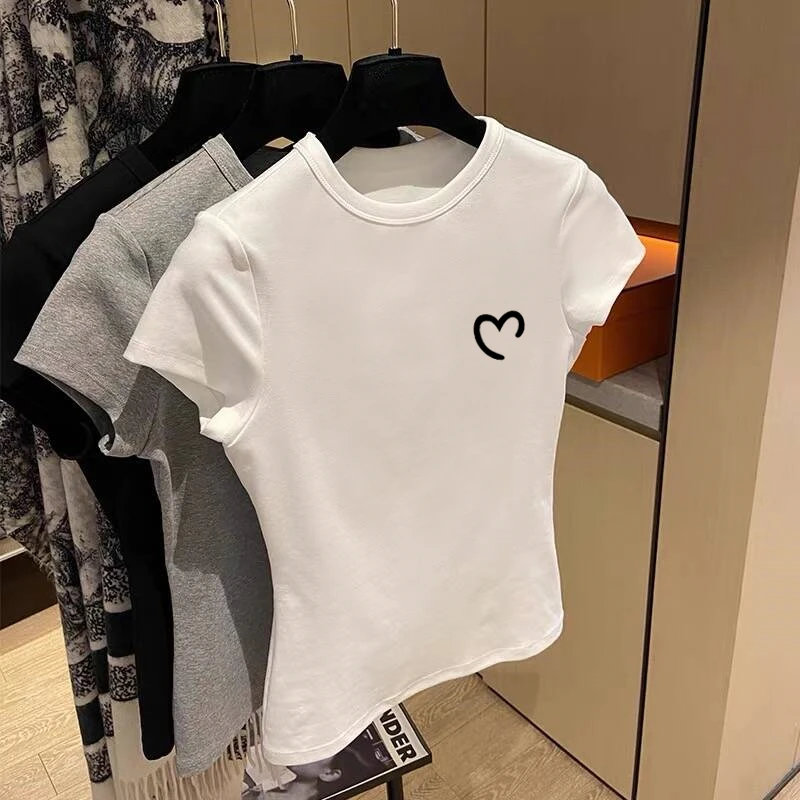 2025夏季正肩体恤纯棉圆领短袖t恤女装时尚百搭显瘦洋气白色上衣