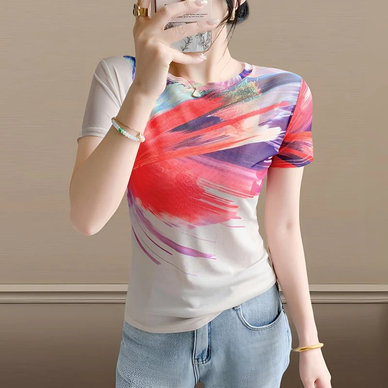 欧货2025夏季时尚纱网印花定位花圆领修身显瘦洋气半袖打底衫上衣