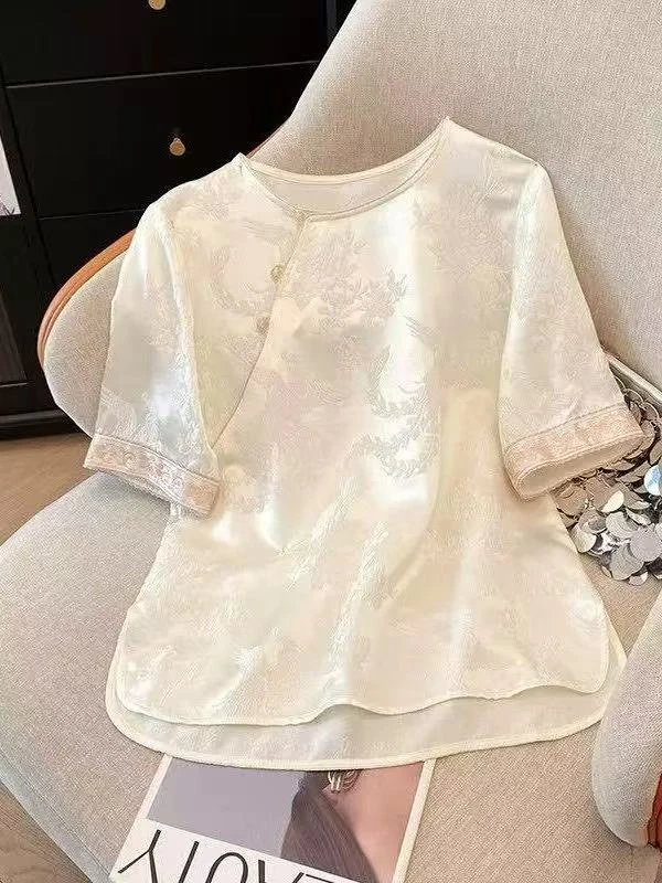 汉服气质套头衬衫中国风新中式打底衫上衣宽松型短袖重工蕾丝