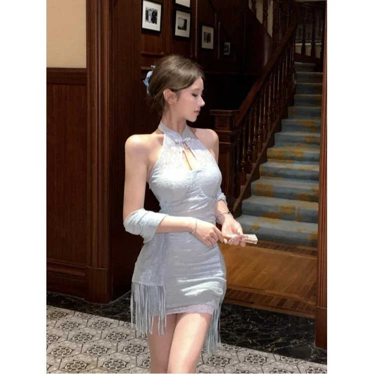 时尚别致新中式改良旗袍网纱盘扣带胸垫连衣裙短款+披肩两件套女