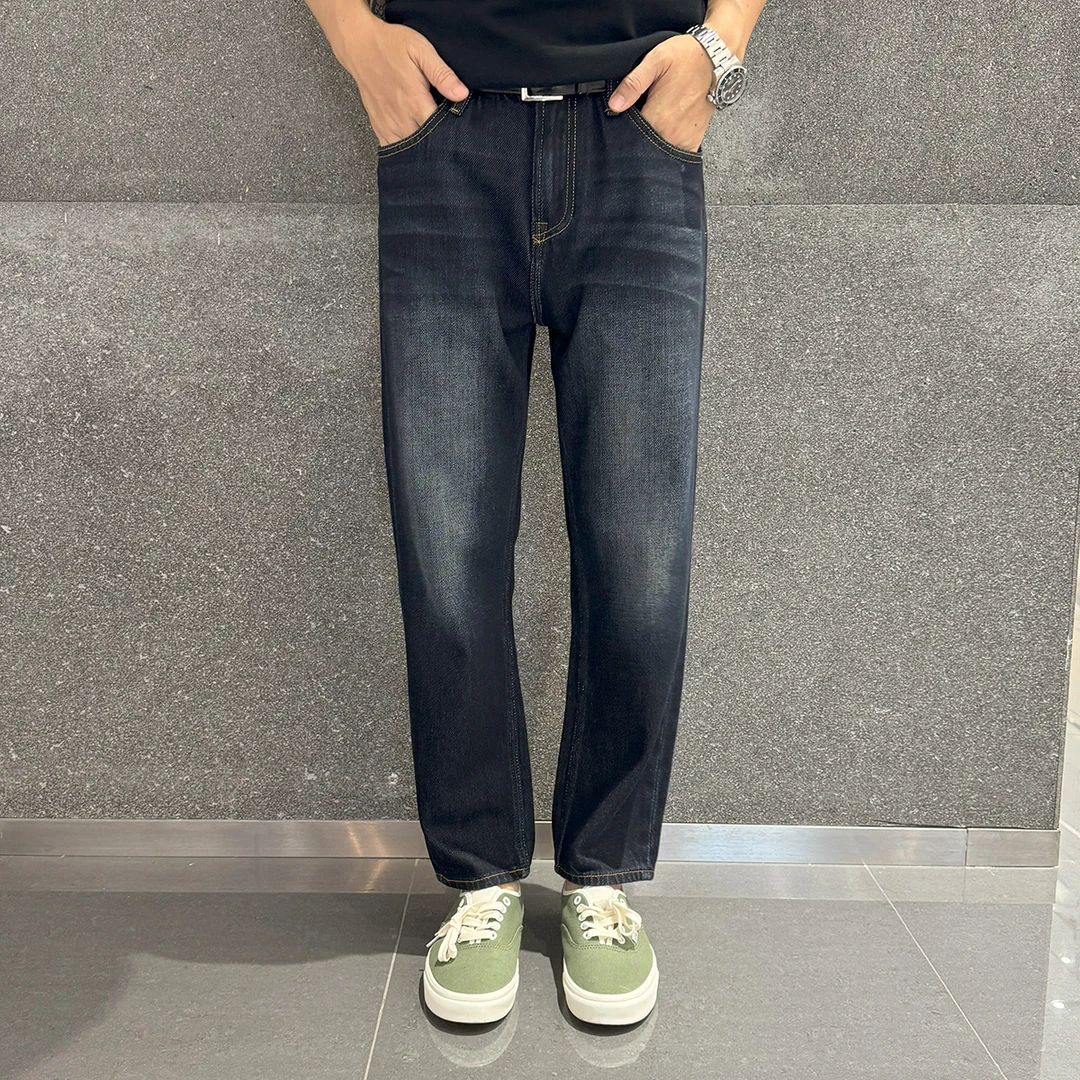 秋冬高端九分牛仔裤男士蓝黑色宽松直筒9分裤简约百搭莱赛尔舒适