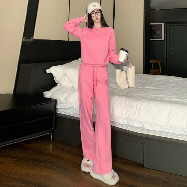 必迈【特惠】粉色时尚休闲运动套装女装2025春季洋气减龄卫衣阔腿