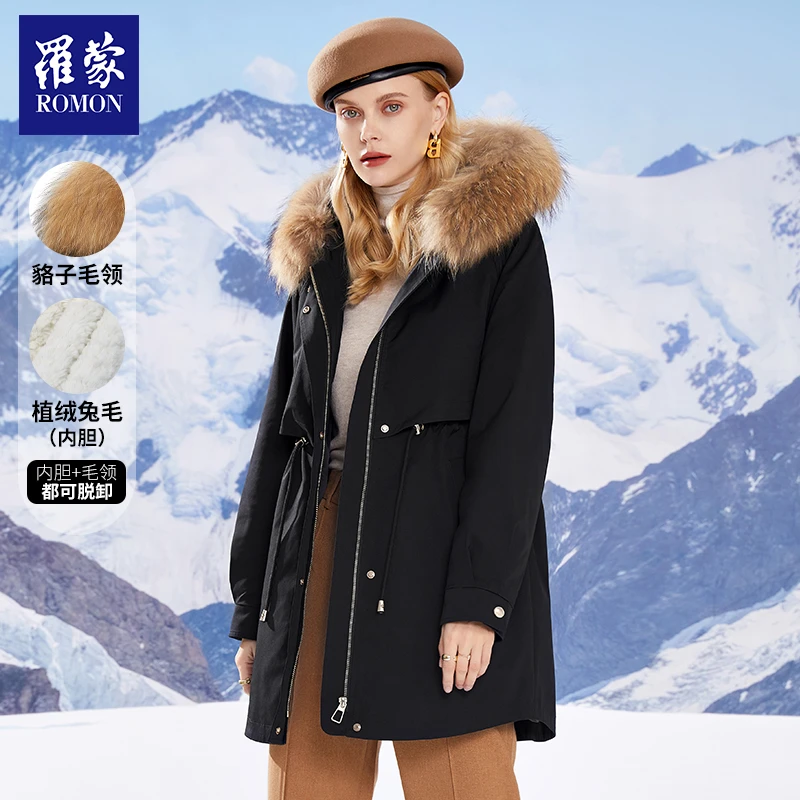 罗蒙女士新款时尚休闲中长款貉子毛领派克服女款爆款2025新款正品