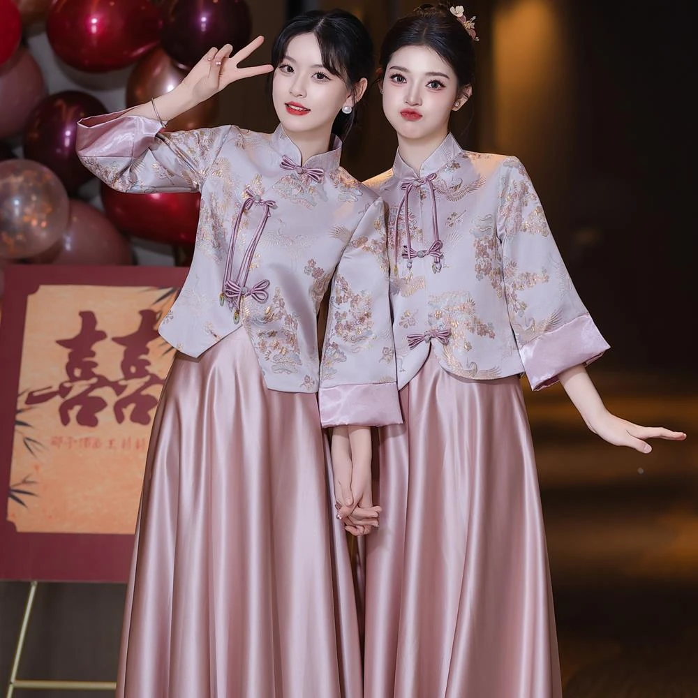 新中式伴娘礼服2025新款粉色春夏长袖闺蜜姐妹团旗袍礼服日常可穿