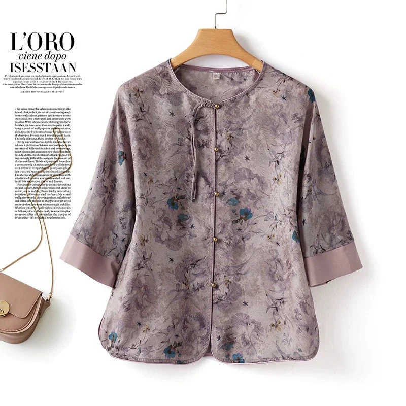 苏杭真丝上衣女2025夏新款中老年妈妈装提花圆领短袖防晒开衫外搭