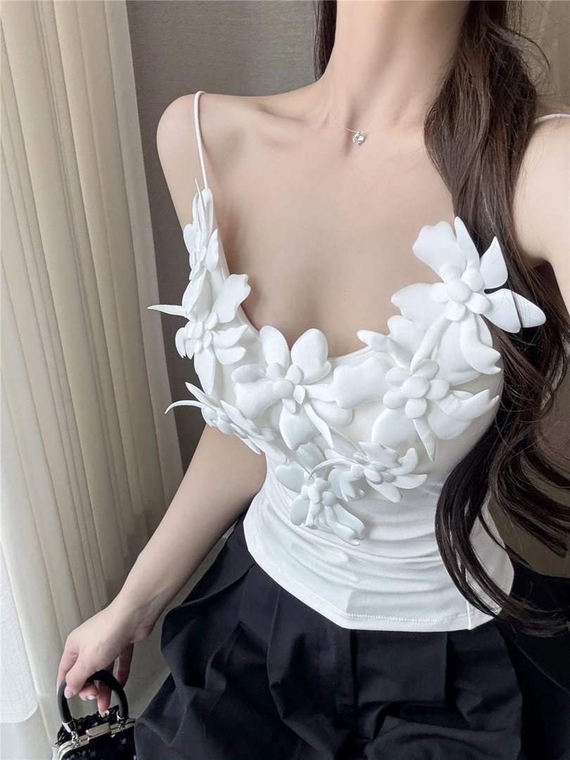 纯欲性感立体花朵吊带背心女夏季装外穿内搭修身显瘦辣妹上衣