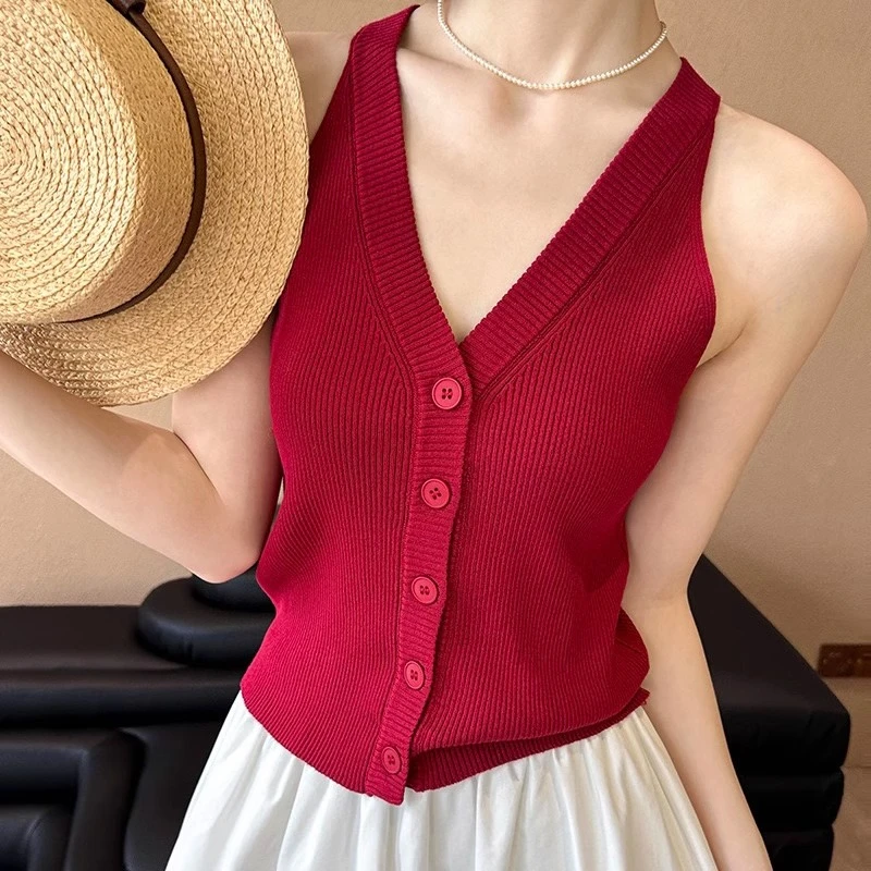 V领无袖针织吊带背心女2025新款夏季开衫修身打底可外穿挂脖上衣