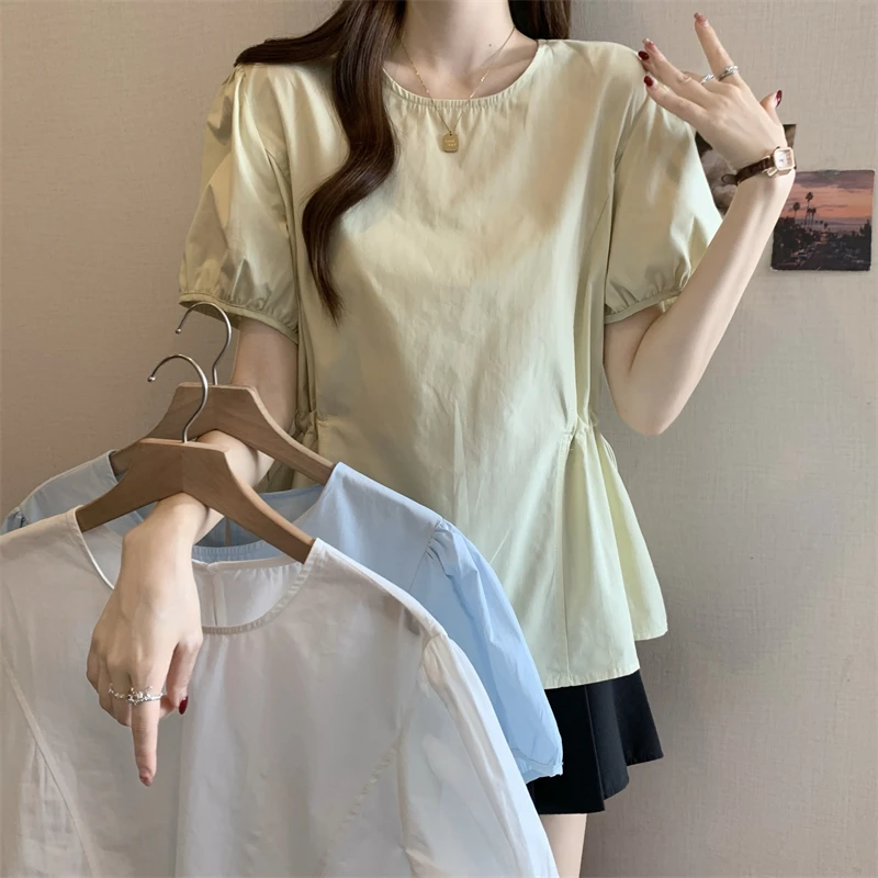 夏季新款大码女装洋气减龄圆领短袖T恤胖妹妹纯色收腰遮肚子上衣