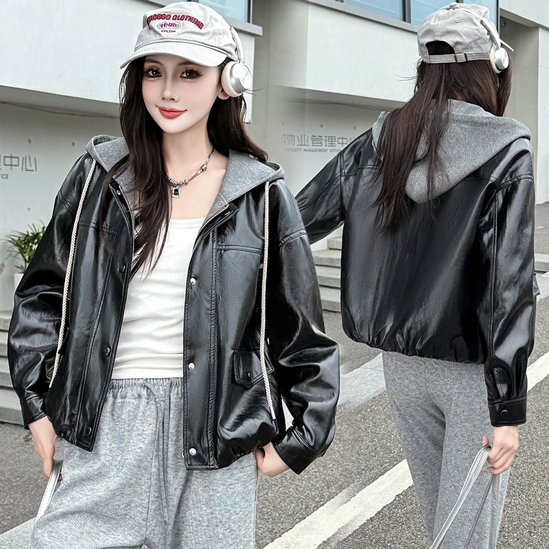 秋季油腊光泽皮夹克连帽高级时尚拉链皮衣短外套三紧式上衣