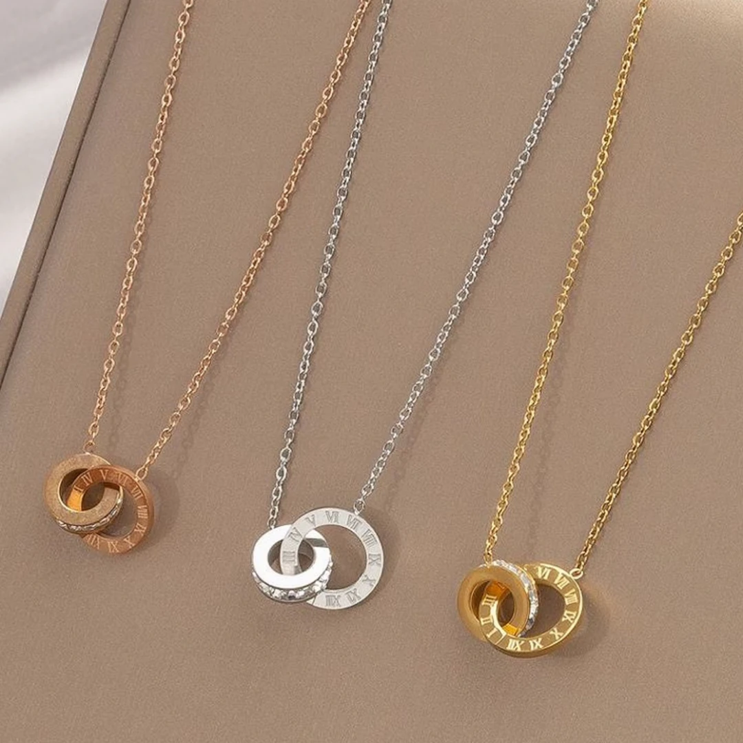 钛钢项链 钛钢项链明星同款｜环环相扣钛钢不掉色几何罗马数字双环