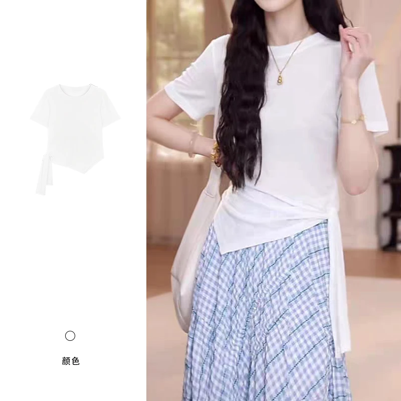 【圆领设计感系带短袖T恤女纯色百搭上衣 YD001】