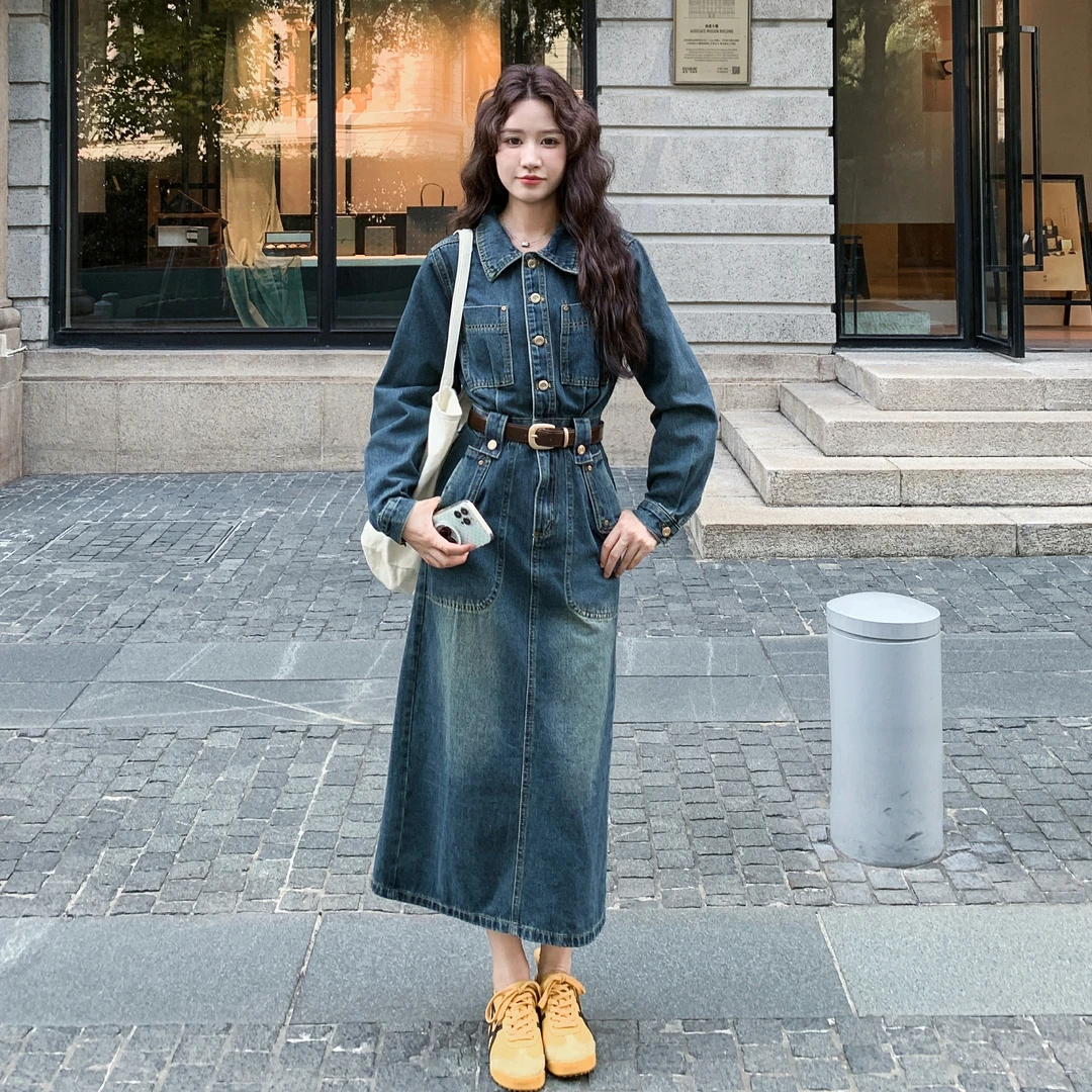 时尚复古设计感显瘦百搭长裙女秋季新款超好看慵懒气质牛仔连衣裙