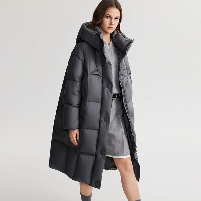 ELLE时尚冬季保暖羽绒服2024新款雅丹风加厚连帽长款外套EY48909