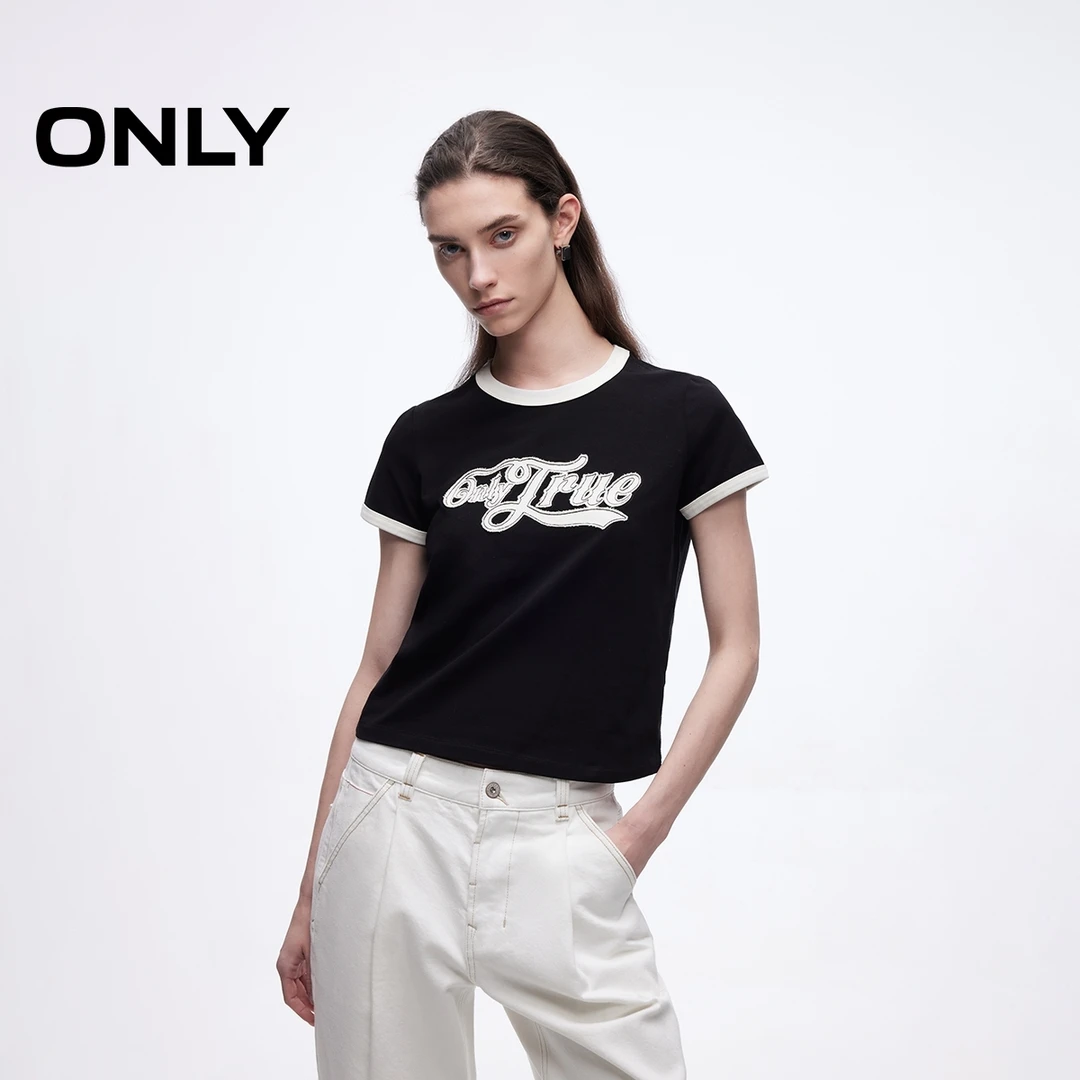 ONLY夏季复古修身撞色印花正肩短袖T恤女纯欲慵懒风|125101111