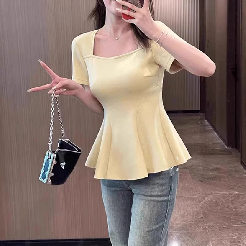 大码女装夏季收腰遮肚子正肩短袖T恤胖mm显瘦高级感洋气微胖穿搭
