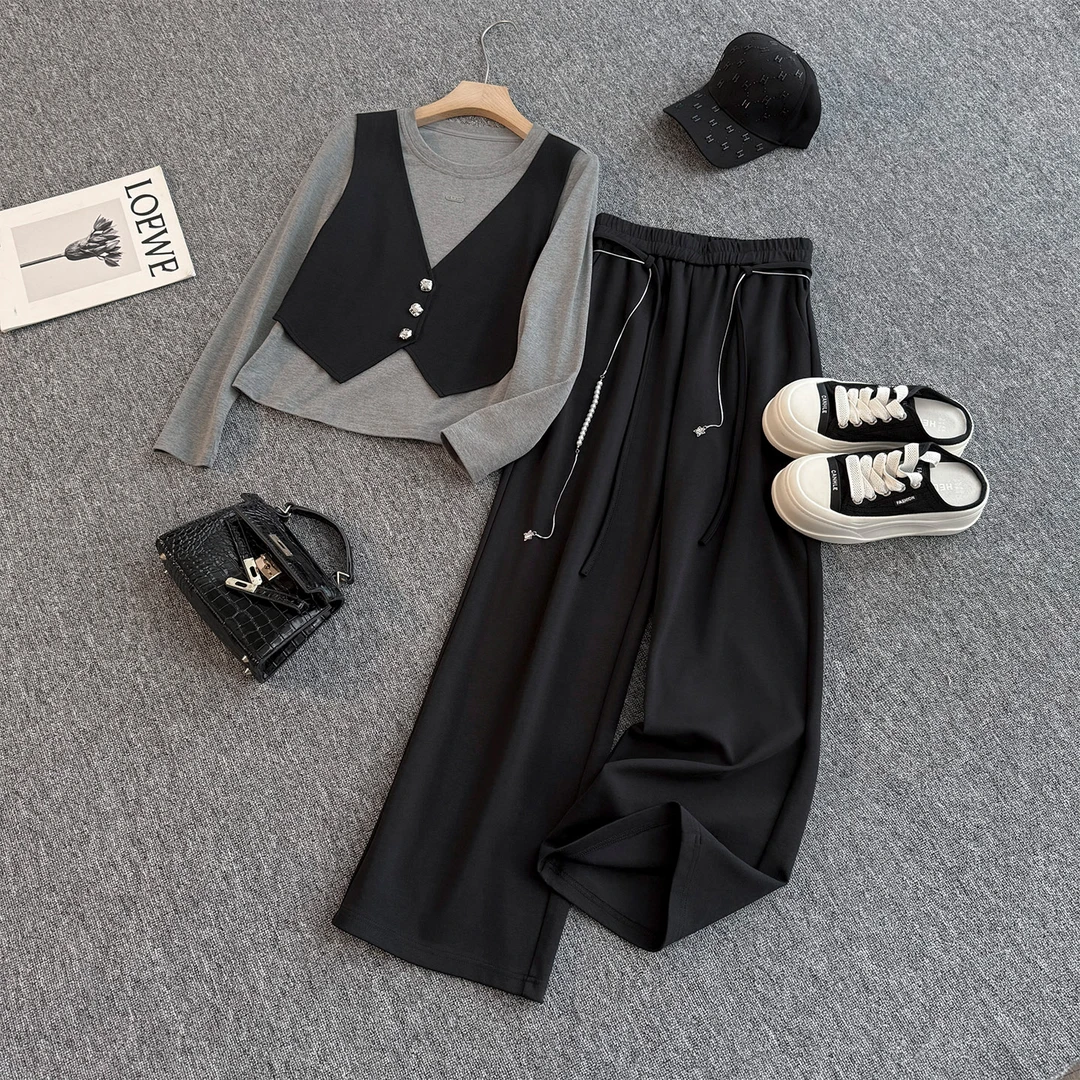 韩版时尚休闲运动套装女秋新款圆领马甲假两件上衣抽绳阔腿裤套装